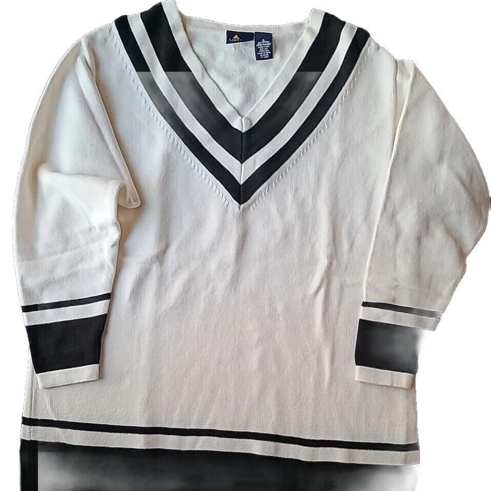 LizSport Women’s Vtg V-Neck Boxy Knit Pullover Sweater Ivory Black Long Sleeve